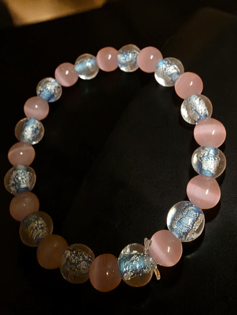 Pink Cat Eye & Blue Foil Murano Glass Beaded Stretch Bracelet
